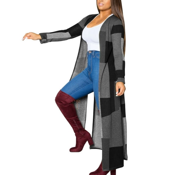 Fanxing Long Duster Cardigans For Women Fall Women's Open Front Maxi Long Knitted Cardigan Color Block Casual Loose Cable Sweater Coat Outwear