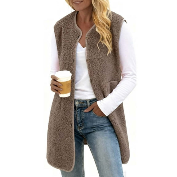 Fanxing Long Fleece Vest Women Trendy Sleeveless Sherpa Jacket Polar Fuzzy Button Down Open Front Spring Fall Outerwear Coffee L