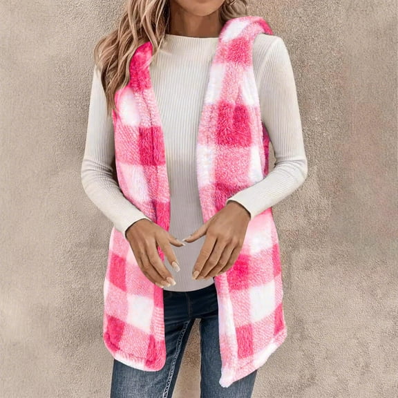 Fanxing Long Plaid Sherpa Vest for Women Comfy Fuzzy Sleeveless Fleece Hooded Jacket Open Front Sweater Cardigan Hot Pink L