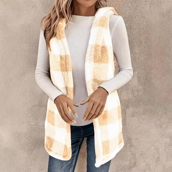 Fanxing Long Plaid Sherpa Vest for Women Comfy Fuzzy Sleeveless Fleece Hooded Jacket Open Front Sweater Cardigan Yellow S