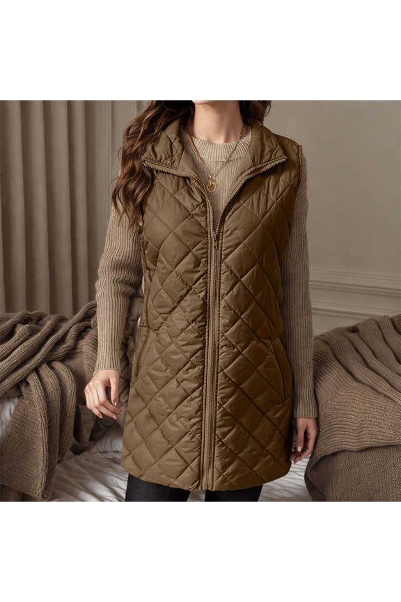 Long Puffer Vest Women Lightweight Sleeveless Quilted Jackets Zip Up Stand Collar Coat Outerwear Brown XL
