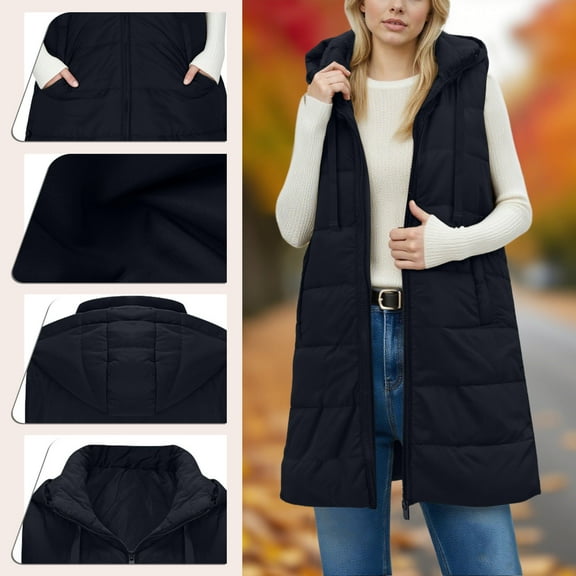 Fanxing Long Puffer Vests for Women Winter Warm Quilted Sleeveless Jacket Puffy Zip Up Fall Coat Outerwear Black S