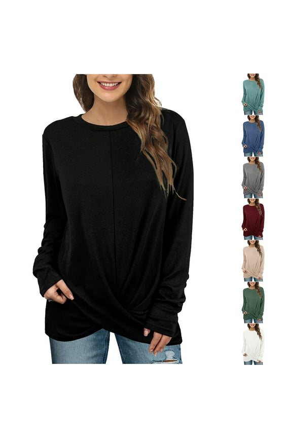 Long Sleeve Shirts For Women Twist Front Tops Fall Fashion 2025 Tunic Blouses Dressy Casual Pleated Crew Neck Tees Shirts