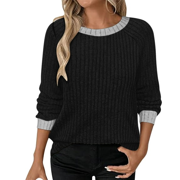 Fanxing Long Sleeve Shirts for Women Lightweight Waffle Knit Sweaters Dresy Casual Color Block Blouses Top Black XL