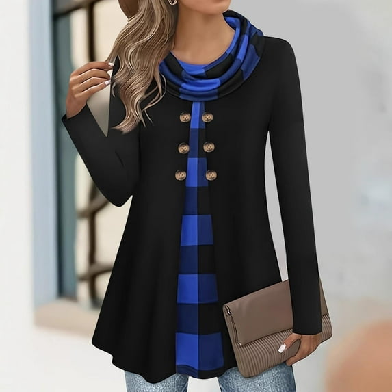 Fanxing Long Sleeve Shirts for Women Plus Size Cowl Neck Warm Tops Splicing Tunic Blouses with Buttons Blue XL