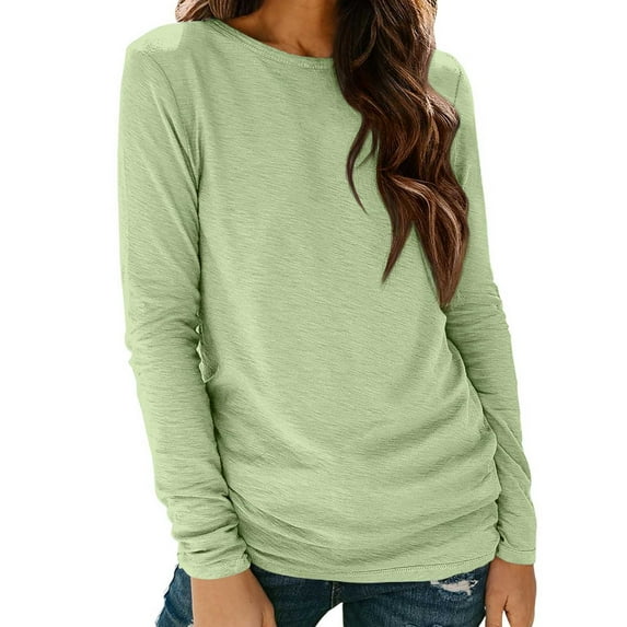 Fanxing Long Sleeve T-shirts for Women Casual Loose Crewneck Base Layer Cozy Soft Solid Basic Top Blouses Green M