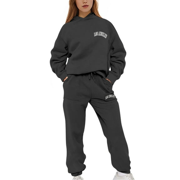 Fanxing Los Angeles Sweatsuits for Women Young Adult Trendy Fleece Hoodies Sweatshirts with Sweatpants Fall Outfits Lightweight Track Suits for Teen Girls 2 Piece Sets Track My Order Black,XXXL