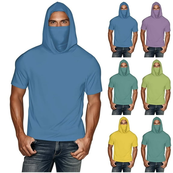 Fanxing Men Cooling Sun Shirts with Mask Big and Tall Rash Guards Short Sleeve Hoodies Sun Protection Face Cover Blue,S