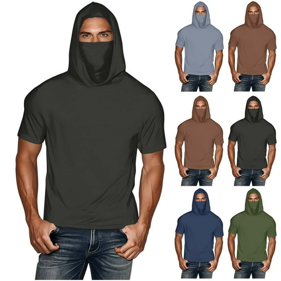 Fanxing Men Cooling Sun Shirts with Mask Big and Tall Rash Guards Short Sleeve Hoodies Sun Protection Face Cover Dark Gray,XXXXXL