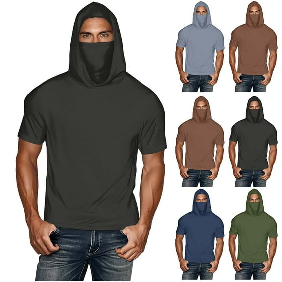 Fanxing Men Cooling Sun Shirts with Mask Big and Tall Rash Guards Short Sleeve Hoodies Sun Protection Face Cover Green,L