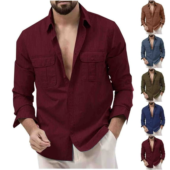 Fanxing Men Shirt Under $5 Graphic Men's Lapel Collar Button Down Shirt Cargo Shirts Fall Spring Casual Long Sleeve Work Shirts Shirts for Men Navy,S