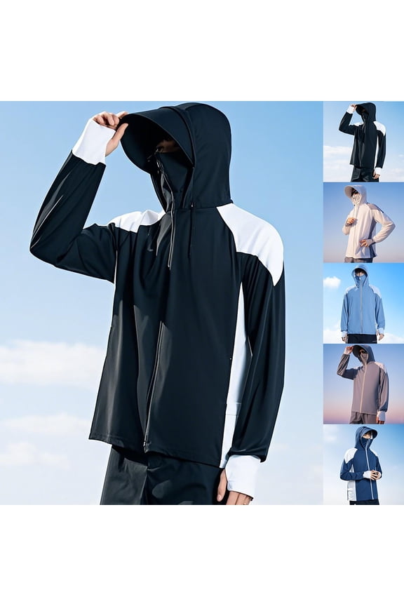 Men Sun Shirts with Mask Fishing Shirts Long Sleeve UPF 50 Rash Guards Cooling Hoodies Jacket Sun Protection Face Cover Hiking Shirts Blue,L
