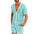 thumbnail image 1 of Fanxing Men's Cardigan Suit Mesh Knit Short Sleeve Shirt with Shorts Two Piec Outfits Set Hawaiian Shorts Suit Light Blue,L, 1 of 6