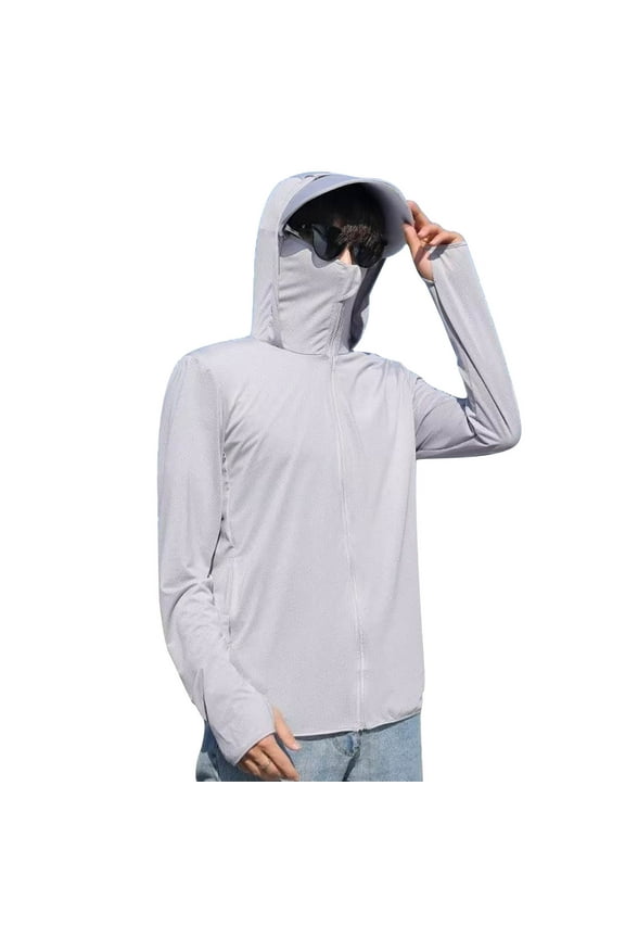 Men's Hooded Tops with Thumb Hole Big and Tall Mask Hoodie Jacket with Face Cover Quick Dry Muscle Gym Workout Tops Gray,L
