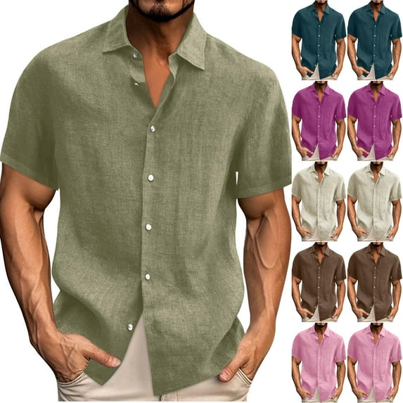 Fanxing Men's Linen Shirts Short Sleeve Casual Shirts Big and Tall Button Down Shirt for Beach Summer Wedding Shirts Hot Pink,M
