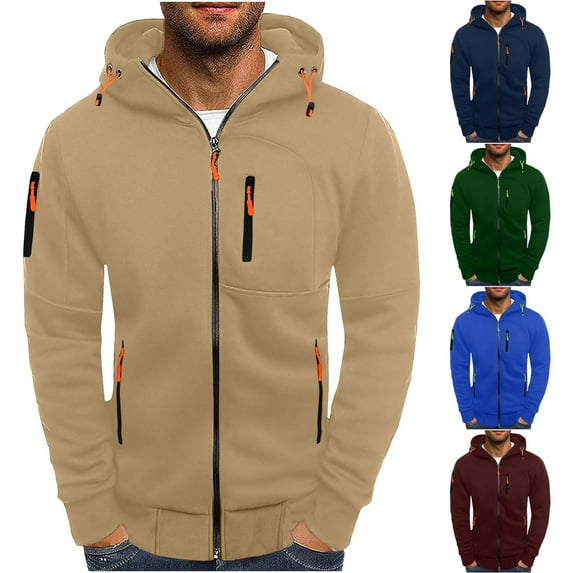 Fanxing Men's Plus Size Zip Up Hooded Sweatshirt Casual Long Sleeve Hoodies Coat Plus Size Casual Sweat Coat Christmas Gift Khaki,S