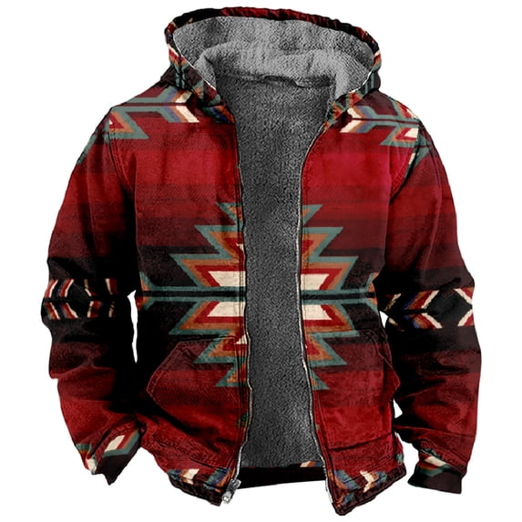 Fanxing Men's Sherpa Zip Up Western Aztec Print Hooded Coat Plus Size Fuzzy Fleece Tribal Aztec Hoodies Sweatshirt Overcoats Outwear
