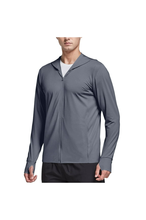 Men’s Sun Shirts with Thumb Holes UPF 50+ Rash Guard for Men Long Sleeve Zip Up Hoodie with Pockets Lightweight Jacket for Swimming Hiking Jogging Dark Gray,XXXL