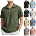 thumbnail image 1 of Fanxing Men's V Collar Shirts Big and Tall Short Sleeve Linen Casual Golf Shirts Lightweight Slim Fit Basic Button T-Shirts with Pocket Blue,L, 1 of 6