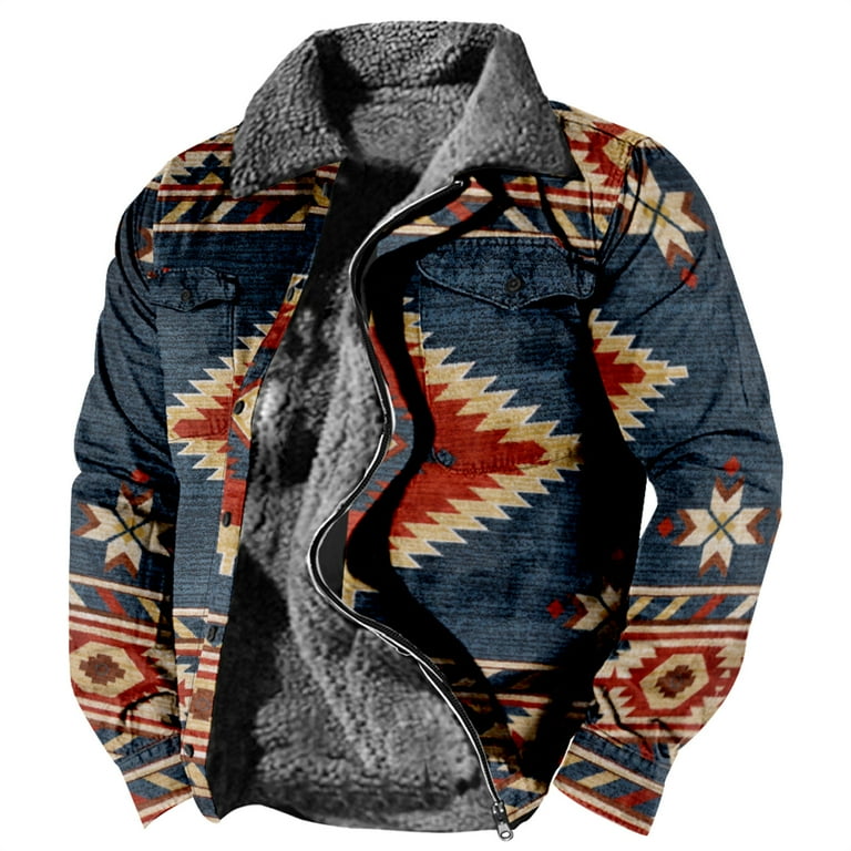 Fanxing Men s Western Aztec Vintage Fleece Lined Jackets Plus Size Casual Button Down Winter Warm Jacket Coats Oversized Western Print Sherpa Jacket