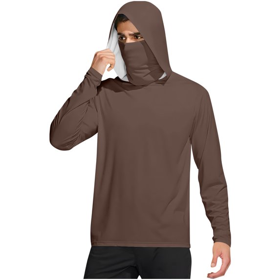 Fanxing Mens Hooded Sun Shirt with Mask Big and Tall Lightweight Hoodies Full Zip Jacket Long Sleeve UPF 50 Rash Guards Fishing Shirts for Men Brown,M