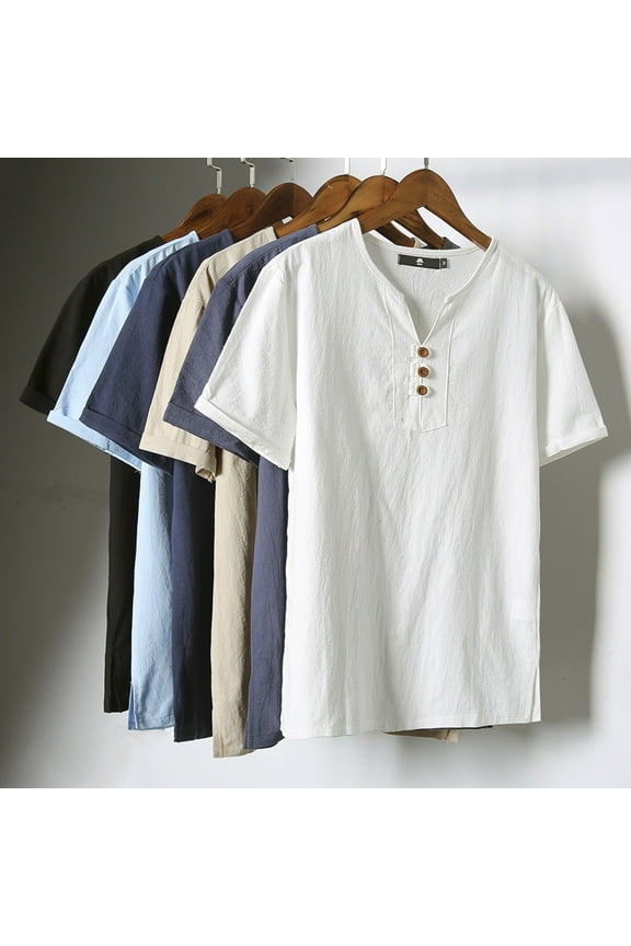 Mens Linen Shirts Big and Tall V Neck Short Sleeve T-Shirts Summer Casual Workout Athletic Tee Shirts Khaki,XXXL