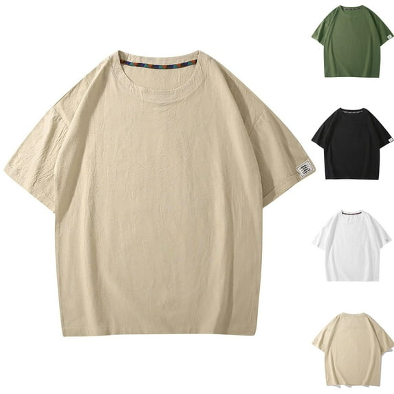Fanxing Mens Linen T-Shirt Big and Tall Short Sleeve Summer Tees Loose Fit Crewneck Muscle T Shirts Beige,M