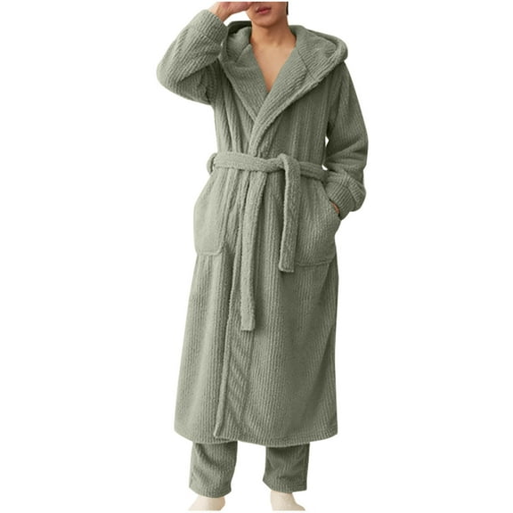 Fanxing Mens Plush Soft Robes with Hood, Full Length Fleece Thick Robe for Men Long Sherpa Bathrobe Green 2XL