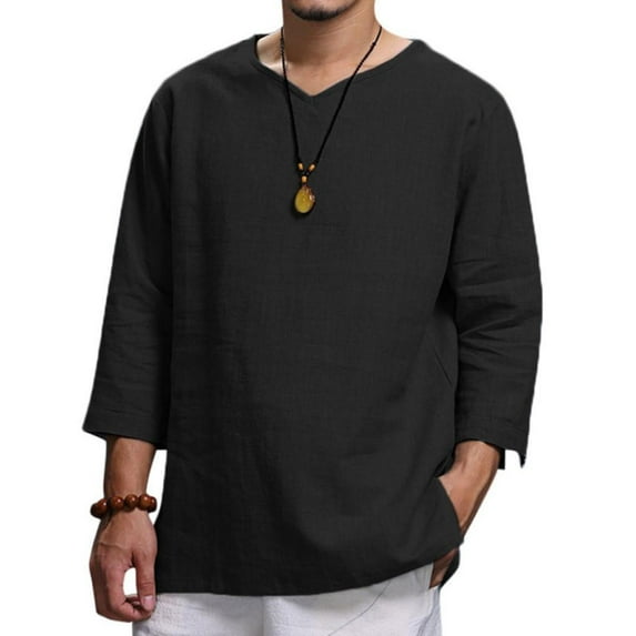 Fanxing Mens Summer Beach Shirts Big and Tall Navy 3/4 Sleeve Tops Loose Fit Fashion Tees Shirt L