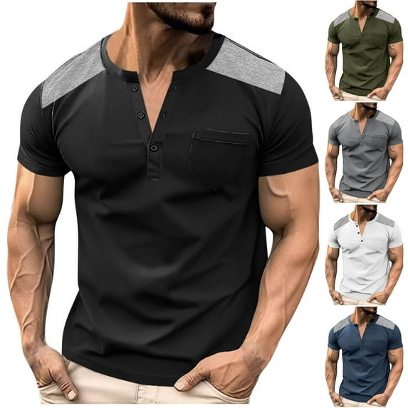 Fanxing Mens V Neck Graphic Tees Army Green Color Block Henley Shirts Short Sleeve Tee Shirt S