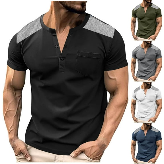 Fanxing Mens V Neck Graphic Tees Gray Color Block Henley Shirts Short Sleeve Tee Shirt S