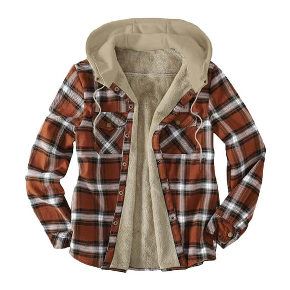 Fanxing Merry Christmas Deals Mens Hooded Flannel Jacket Sherpa Fleece Lined Button Down Fuzzy Hoodie Shirt Jackets,Flannel Plaid Shirt Jacket for Men