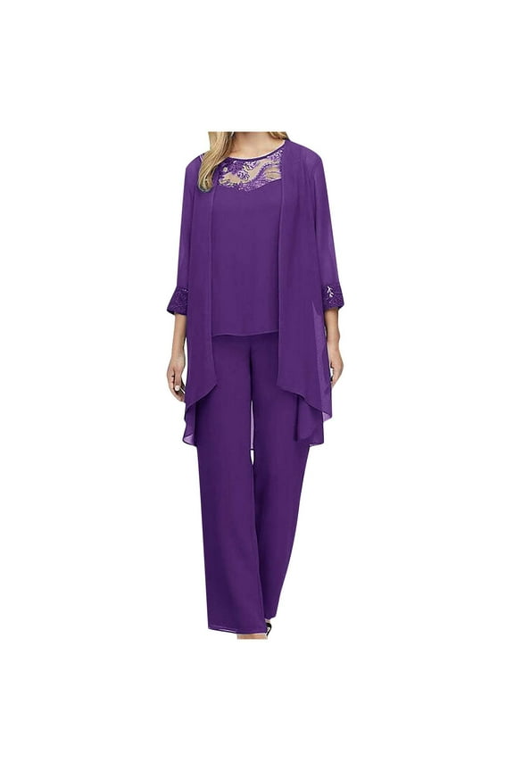Mother Of The Bride Dresses 3 Pieces Dress Set for Women 2025 Plus Size Mother of The Bride Pant Suit Chiffon Lace Cardigan Jacket Chiffon Outfits Purple,XXXXL Female