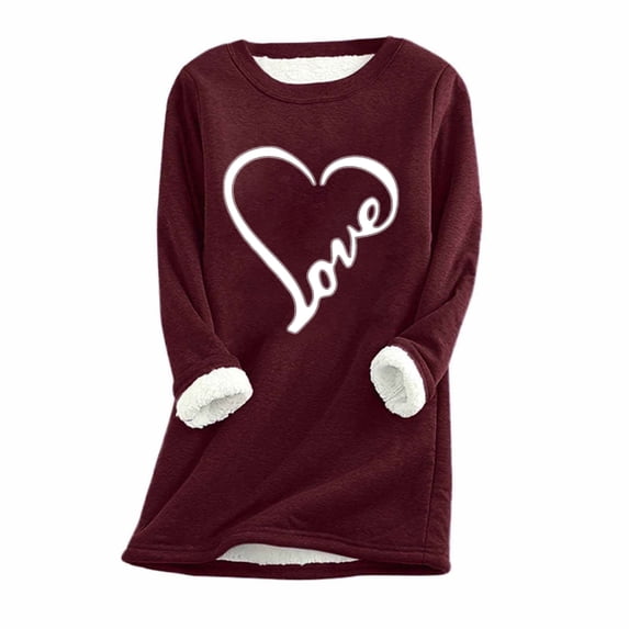 Fanxing New Year's Eve Deals Plus Size Fleece Lined Thermal Shirts for Women Cute Heart Long Sleeve Thermal Underwear Tops Crewneck Soft Base Layer Cold Weather Ultra Soft Sherpa Blouse