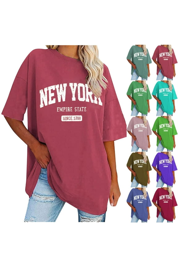 New York Graphic Tees Womens Oversized T Shirts Loose Fit Crewneck Short Sleeve T-Shirts Casual Drop Shoulder Summer Tops Army Green,L