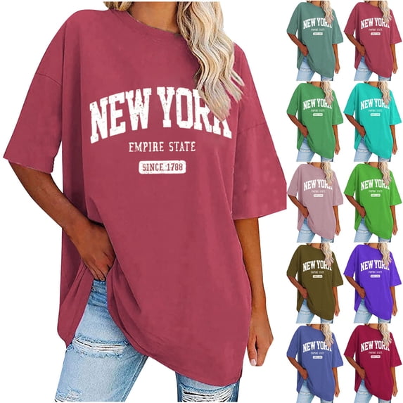 Fanxing New York Graphic Tees Womens Oversized T Shirts Loose Fit Crewneck Short Sleeve T-Shirts Casual Drop Shoulder Summer Tops Pink,XL