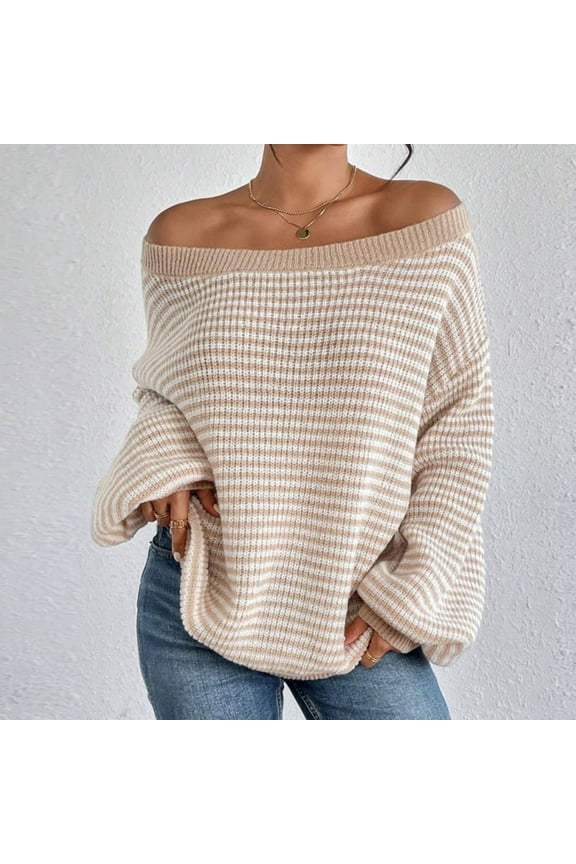 Off The Shoulder Pullover Sweaters for Women Oversized Striped Fall Slouchy Wool Sweater Batwing Long Sleeve Loose Knit Jumper Tops Beige L