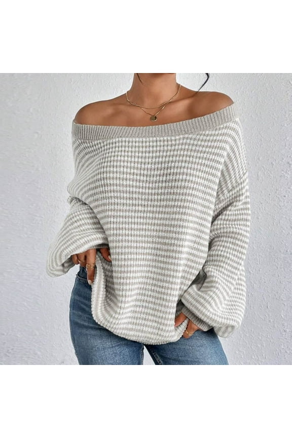 Off The Shoulder Pullover Sweaters for Women Oversized Striped Fall Slouchy Wool Sweater Batwing Long Sleeve Loose Knit Jumper Tops Gray M