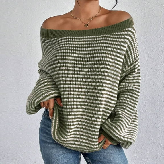 Fanxing Off The Shoulder Pullover Sweaters for Women Oversized Striped Fall Slouchy Wool Sweater Batwing Long Sleeve Loose Knit Jumper Tops Green 2XL