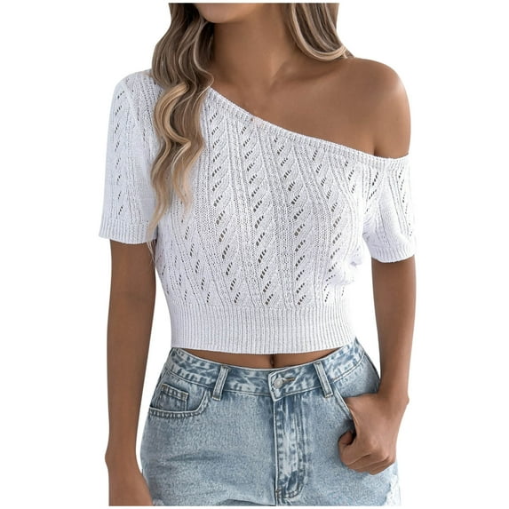 Fanxing One Shoulder Crop Tops for Women Y2K Going Out Tops Summer Knitted Short Sleeve Tees Shirts White,S