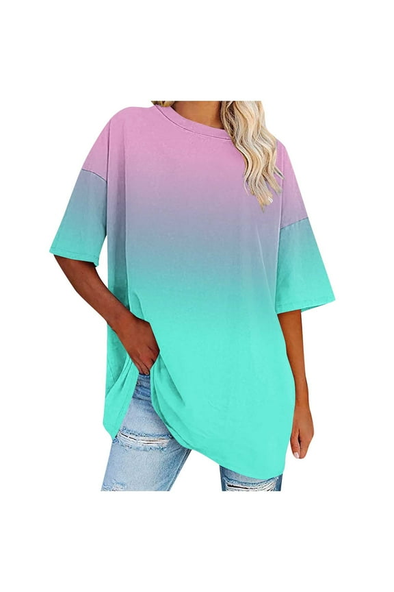 Oversized Graphic Tees For Women Y2k Gradient Tie Dye Summer Tshirts Loose Fit Round Neck T Shirts Light Blue,L