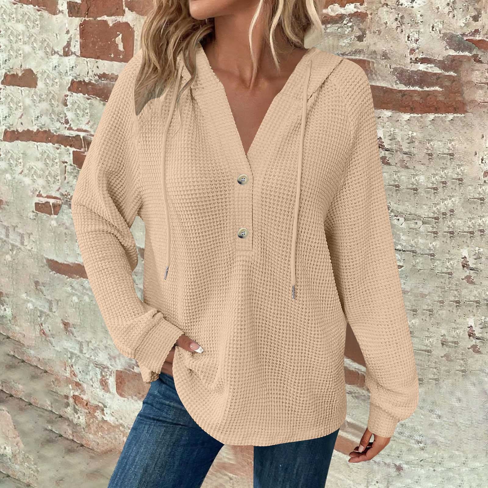 Ahdbta Hoodies For Womens Waffle Knit Long Sleeve Drawstring Pullover Sweatshirts Button V Neck Casual Hooded Blouses - View #3
