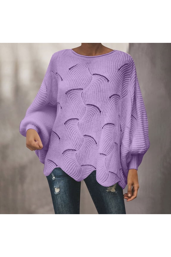Oversized Pullover Sweaters for Women Plus Size Hollow Out Crochet Batwing Sleeve Tops Elegant Loose Boat Neck Irregular Hem Jumper Purple 5XL