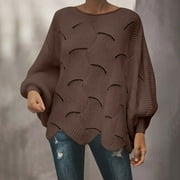 FANXING Oversized Pullover Sweaters for Women Plus Size Hollow Out Crochet Batwing Sleeve Tops Elegant Loose Boat Neck Irregular Hem Jumper Coffee L