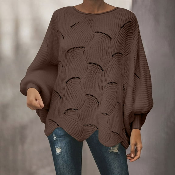 Fanxing Oversized Pullover Sweaters for Women Plus Size Hollow Out Crochet Batwing Sleeve Tops Elegant Loose Boat Neck Irregular Hem Jumper Coffee L