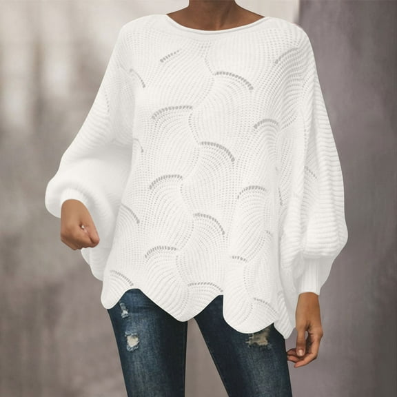 Fanxing Oversized Pullover Sweaters for Women Plus Size Hollow Out Crochet Batwing Sleeve Tops Elegant Loose Boat Neck Irregular Hem Jumper White 5XL