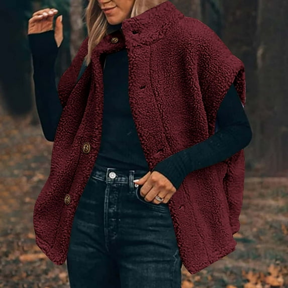 Fanxing Oversized Sherpa Vest Women Button Down Sleeveless Fleece Jacket Fuzzy Stand Collar Waistcoat Winter Coat Wine 2XL