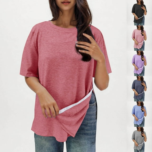 Fanxing Oversized Split Hem T Shirts for Women Summer Casual Short Sleeve Tops T-Shirts Tees with Side Split Black,L