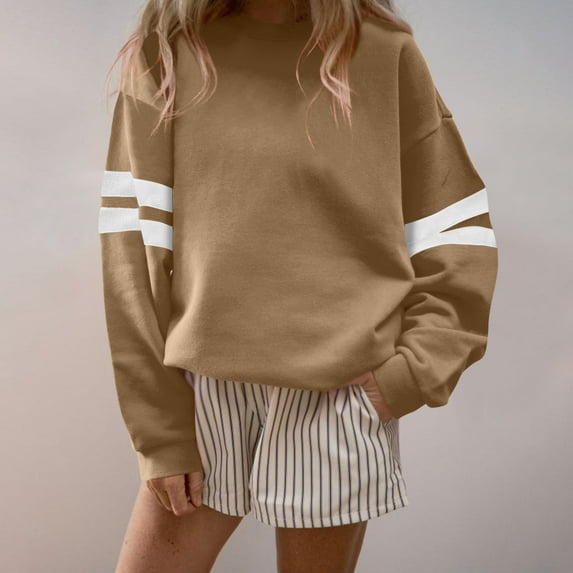 Fanxing Oversized Sweatshirt for Women Varsity Striped Drop Shoulder Long Sleeve Crewneck Casual Fashion Pullover Tops Khaki L