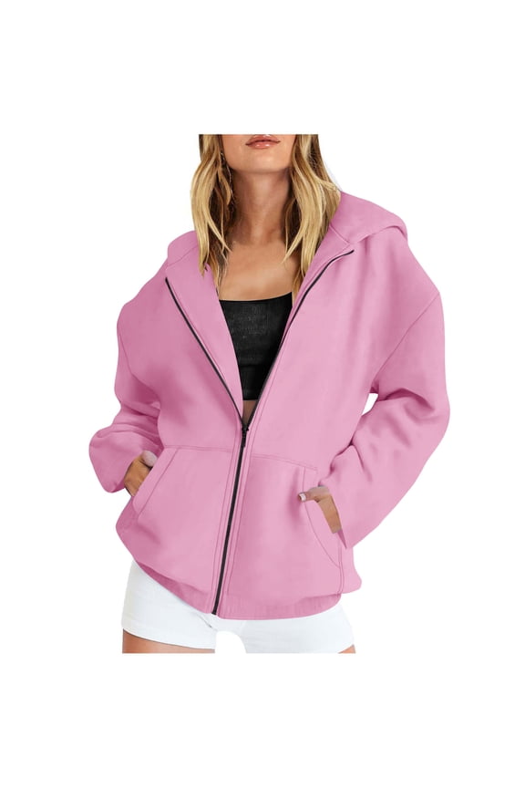 Oversized Sweatshirts for Women Fleece Hoodies Y2K Zip Up Jacket Loose Baggy Sweatshirt Athletic Workout Hooded Jackets November Pink,L